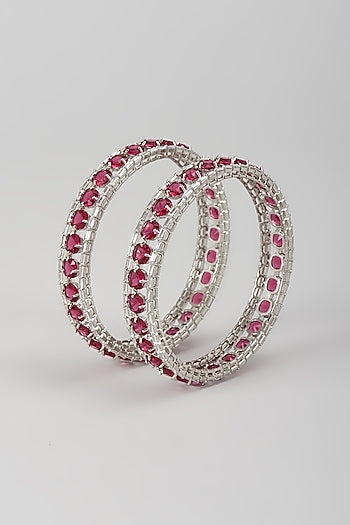 Silver Finish Zircon & Ruby Stone Bangles (Set Of 2)