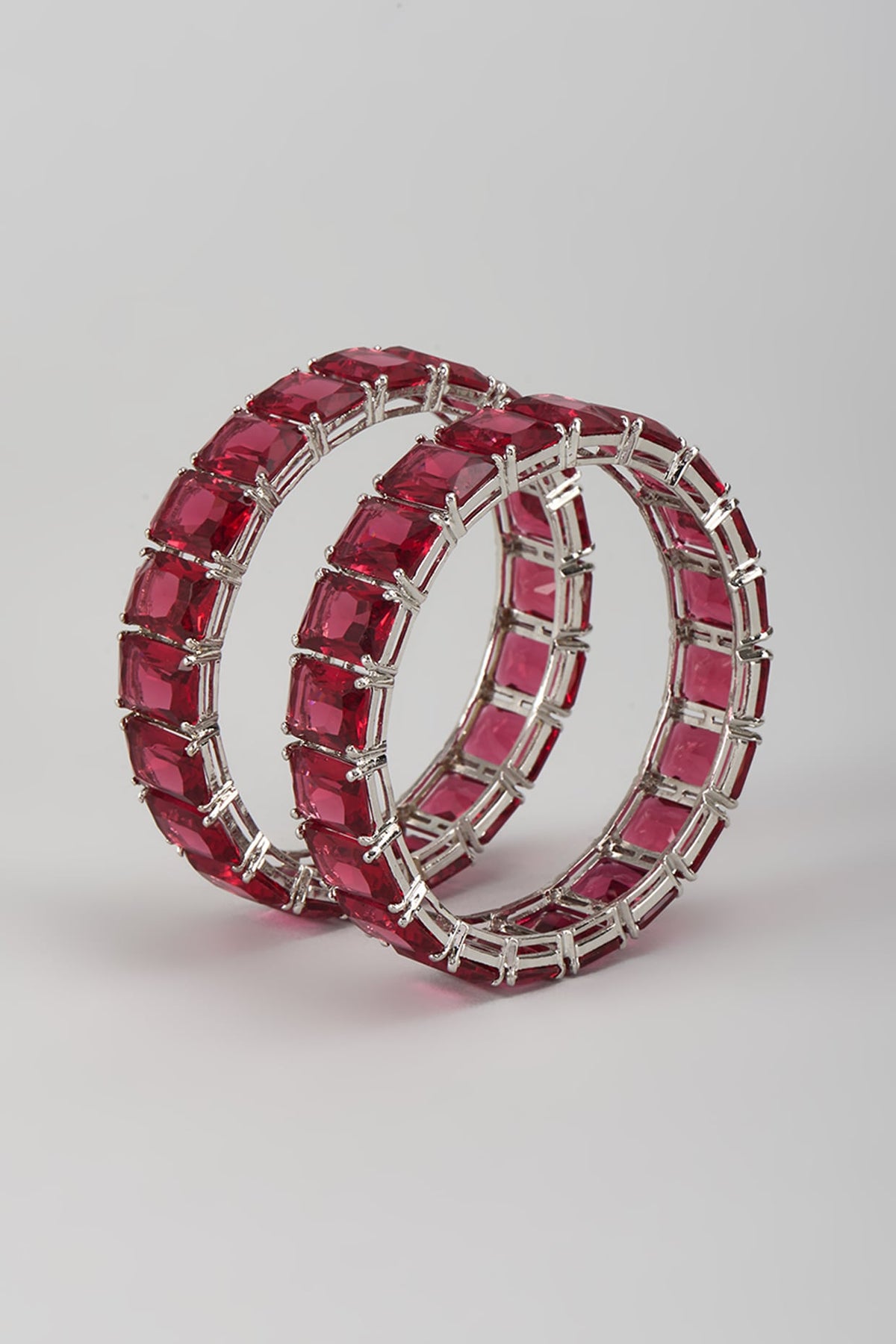 Silver Finish Zircon & Ruby Stone Bangles (Set Of 2)