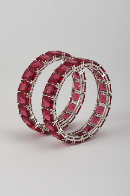 Silver Finish Zircon & Ruby Stone Bangles (Set Of 2)