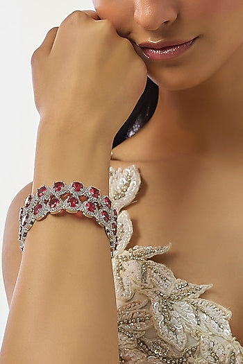 Silver Finish Zircon & Ruby Stone Bangles (Set Of 2)