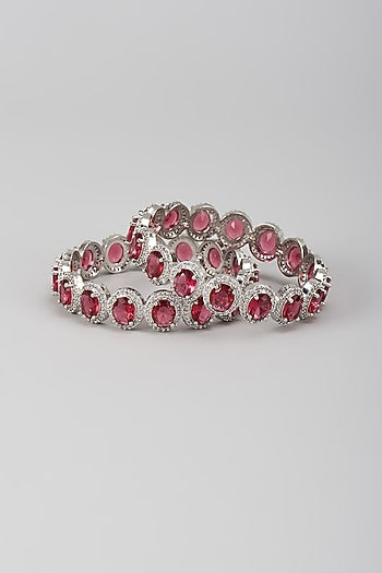Silver Finish Zircon & Ruby Stone Bangles (Set Of 2)