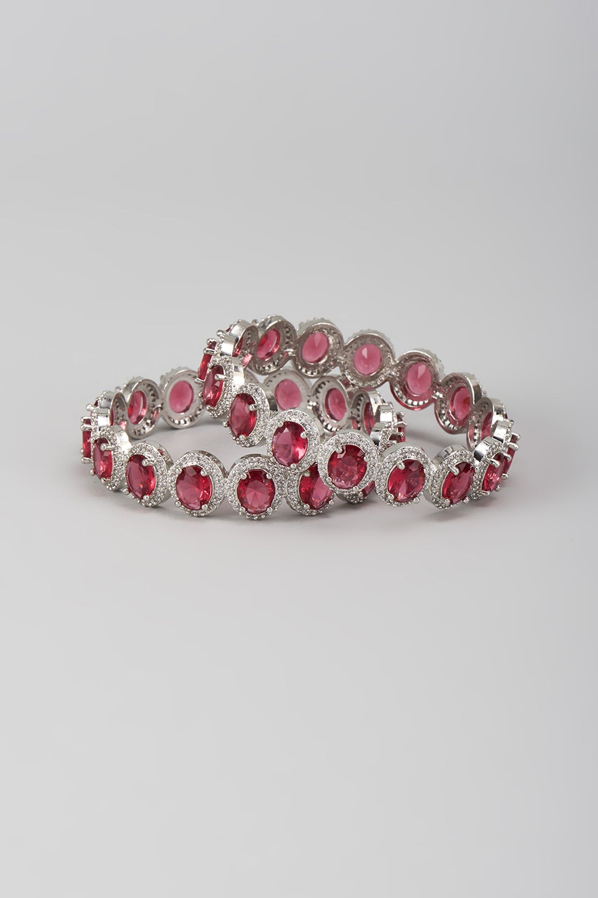 Silver Finish Zircon & Ruby Stone Bangles (Set Of 2)