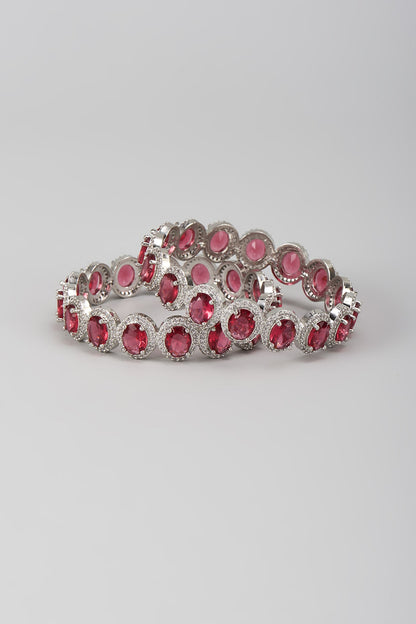 Silver Finish Zircon & Ruby Stone Bangles (Set Of 2)