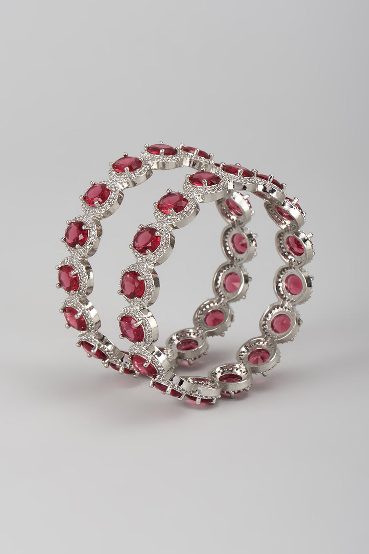 Silver Finish Zircon & Ruby Stone Bangles (Set Of 2)