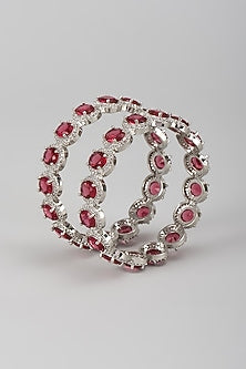 Silver Finish Zircon & Ruby Stone Bangles (Set Of 2)