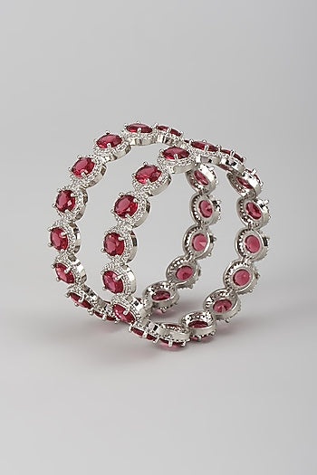 Silver Finish Zircon & Ruby Stone Bangles (Set Of 2)
