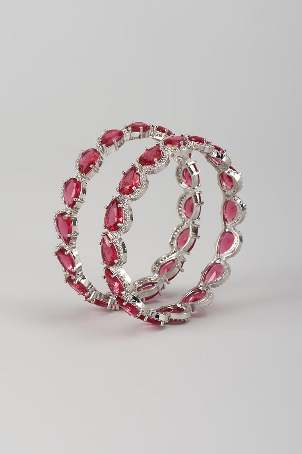 Silver Finish Zircon & Ruby Stone Bangles (Set Of 2)