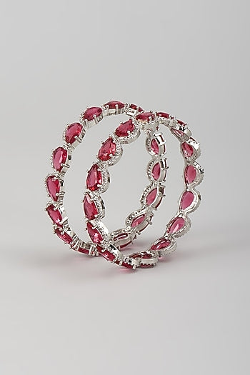 Silver Finish Zircon & Ruby Stone Bangles (Set Of 2)