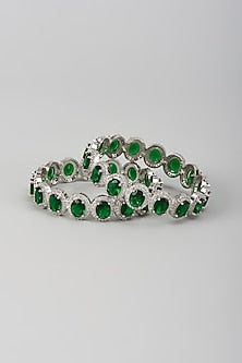 Silver Finish Zircon & Emerald Stone Bangles (Set Of 2)