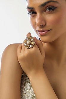 Gold Finish Kundan Polki & Pearl Ring