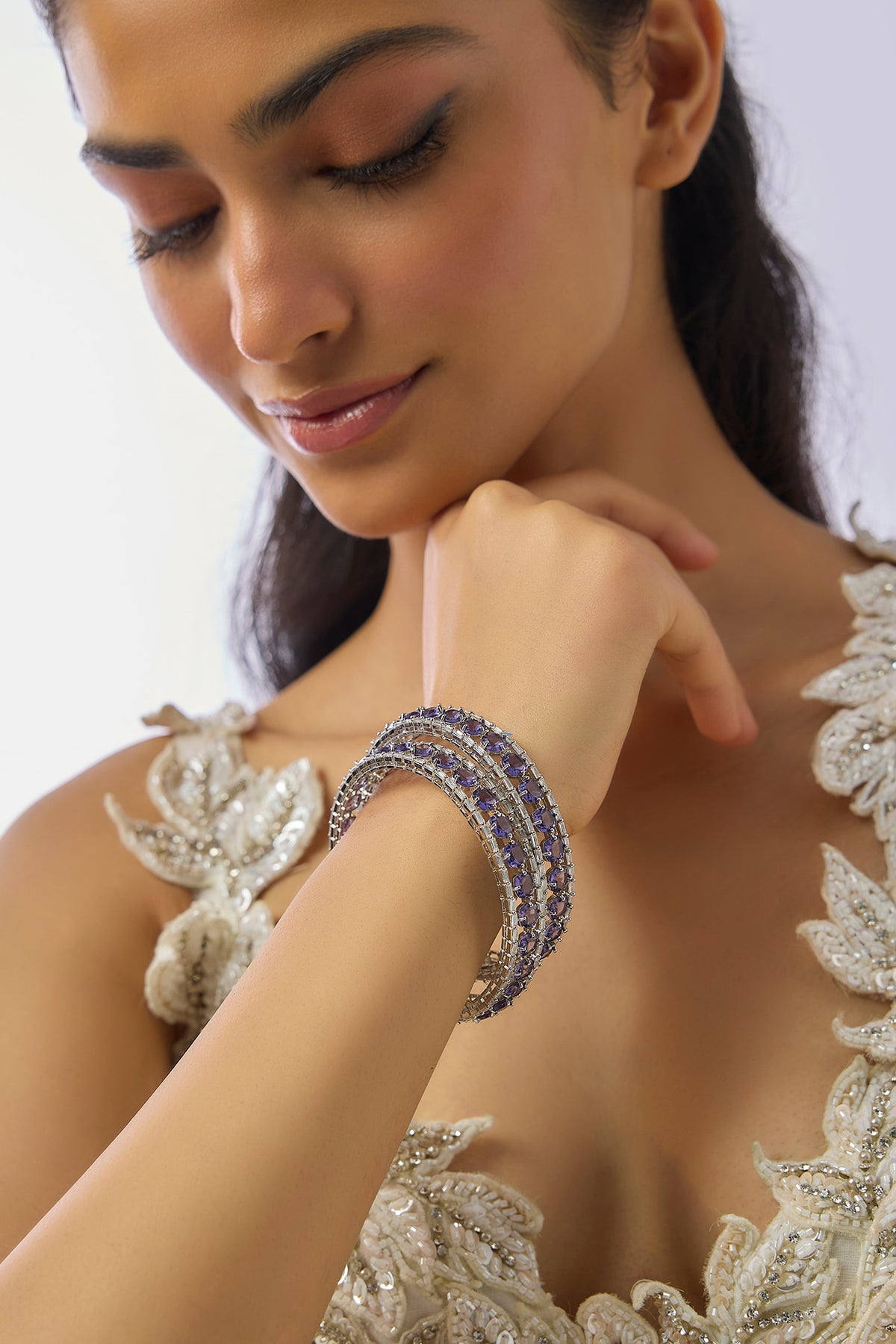 Silver Finish Zircon & Amethyst Bangles (Set Of 2)