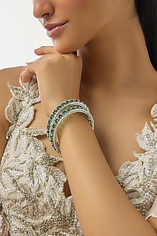 Silver Finish Zircon & Emerald Stone Bangles (Set Of 2)