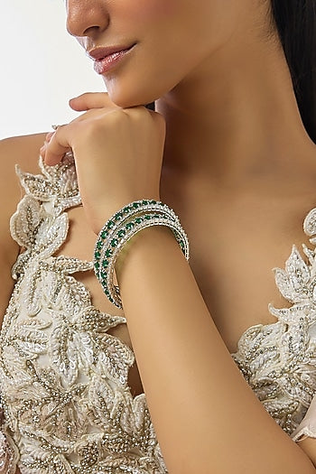 Silver Finish Zircon & Emerald Stone Bangles (Set Of 2)