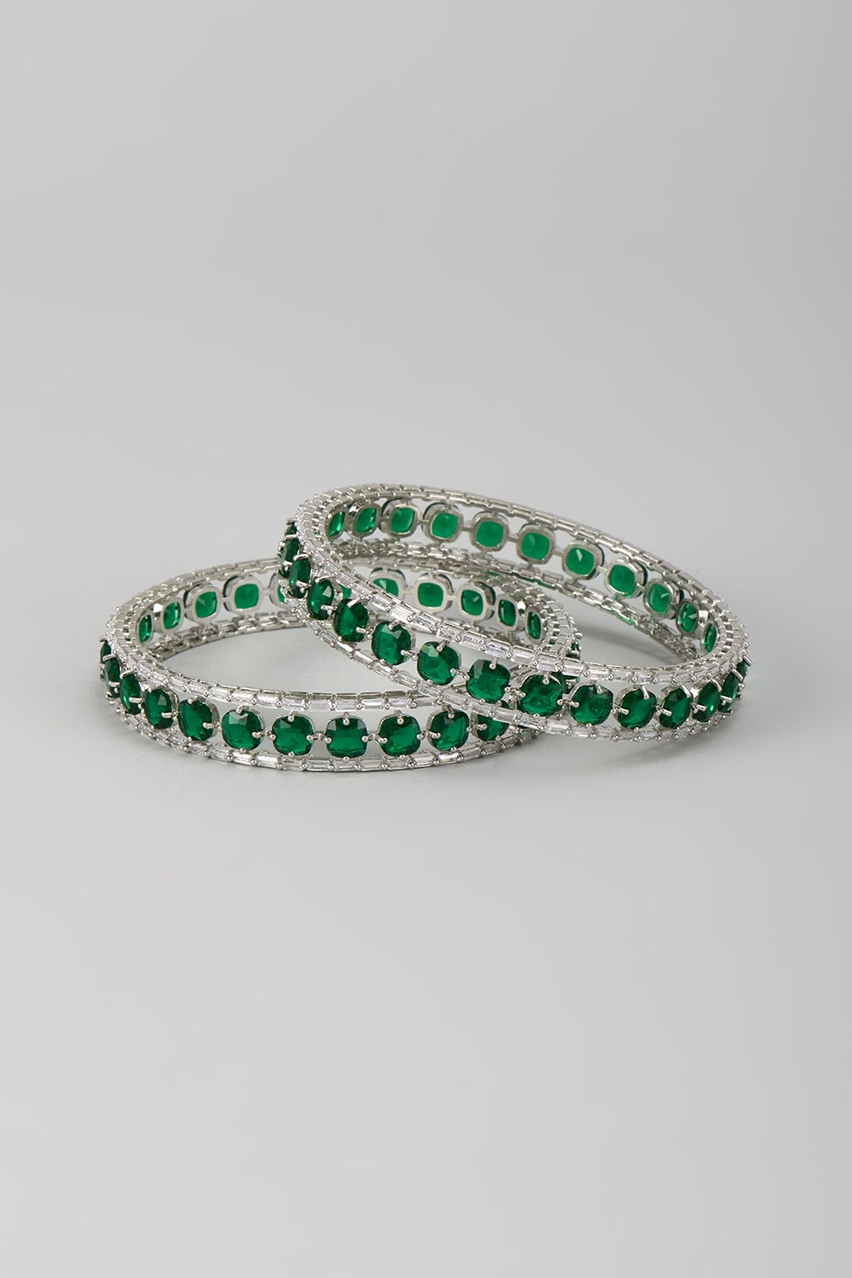 Silver Finish Zircon & Emerald Stone Bangles (Set Of 2)