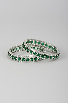 Silver Finish Zircon & Emerald Stone Bangles (Set Of 2)