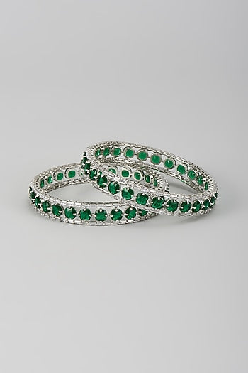 Silver Finish Zircon & Emerald Stone Bangles (Set Of 2)