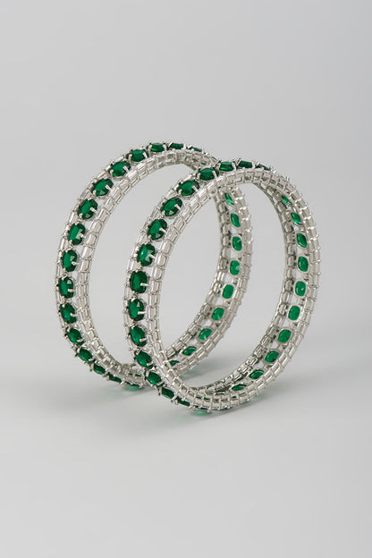 Silver Finish Zircon & Emerald Stone Bangles (Set Of 2)