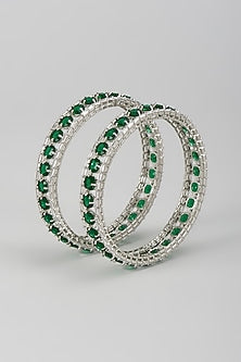 Silver Finish Zircon & Emerald Stone Bangles (Set Of 2)