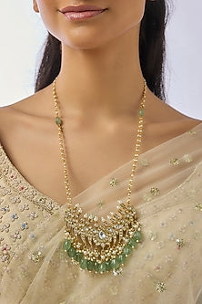 Gold Finish Kundan Polki & Green Beaded Long Necklace