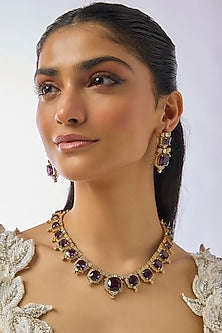Gold Finish Zircon & Amethyst Long Necklace Set