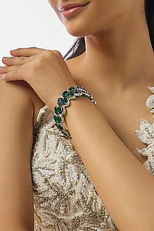 Silver Finish Zircon & Emerald Stone Bangles (Set Of 2)
