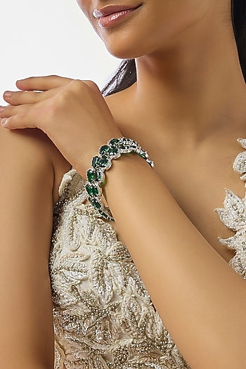 Silver Finish Zircon & Emerald Stone Bangles (Set Of 2)