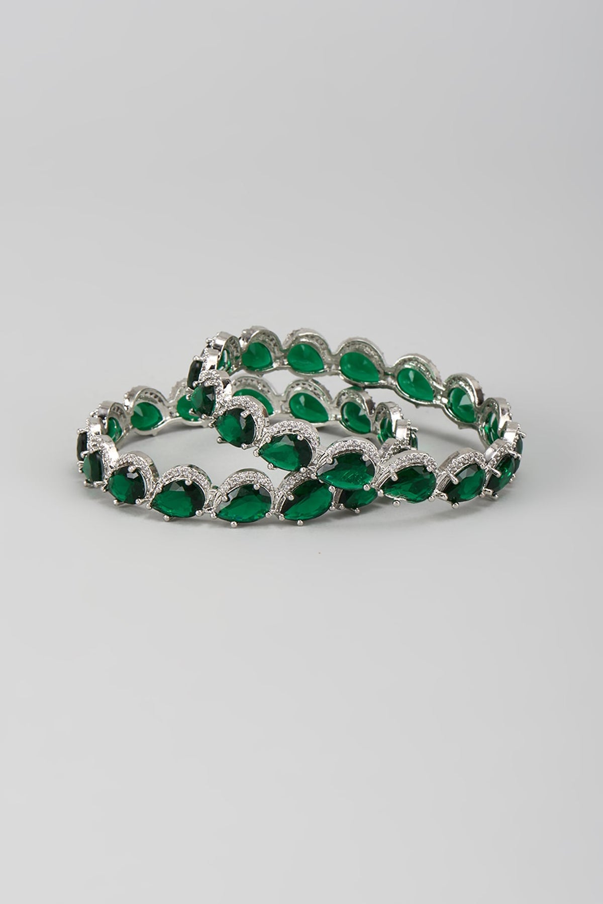 Silver Finish Zircon & Emerald Stone Bangles (Set Of 2)