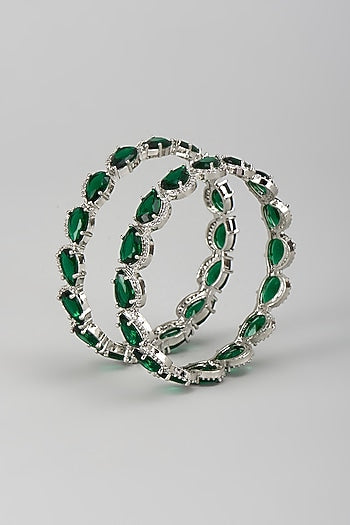 Silver Finish Zircon & Emerald Stone Bangles (Set Of 2)