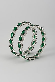 Silver Finish Zircon & Emerald Stone Bangles (Set Of 2)