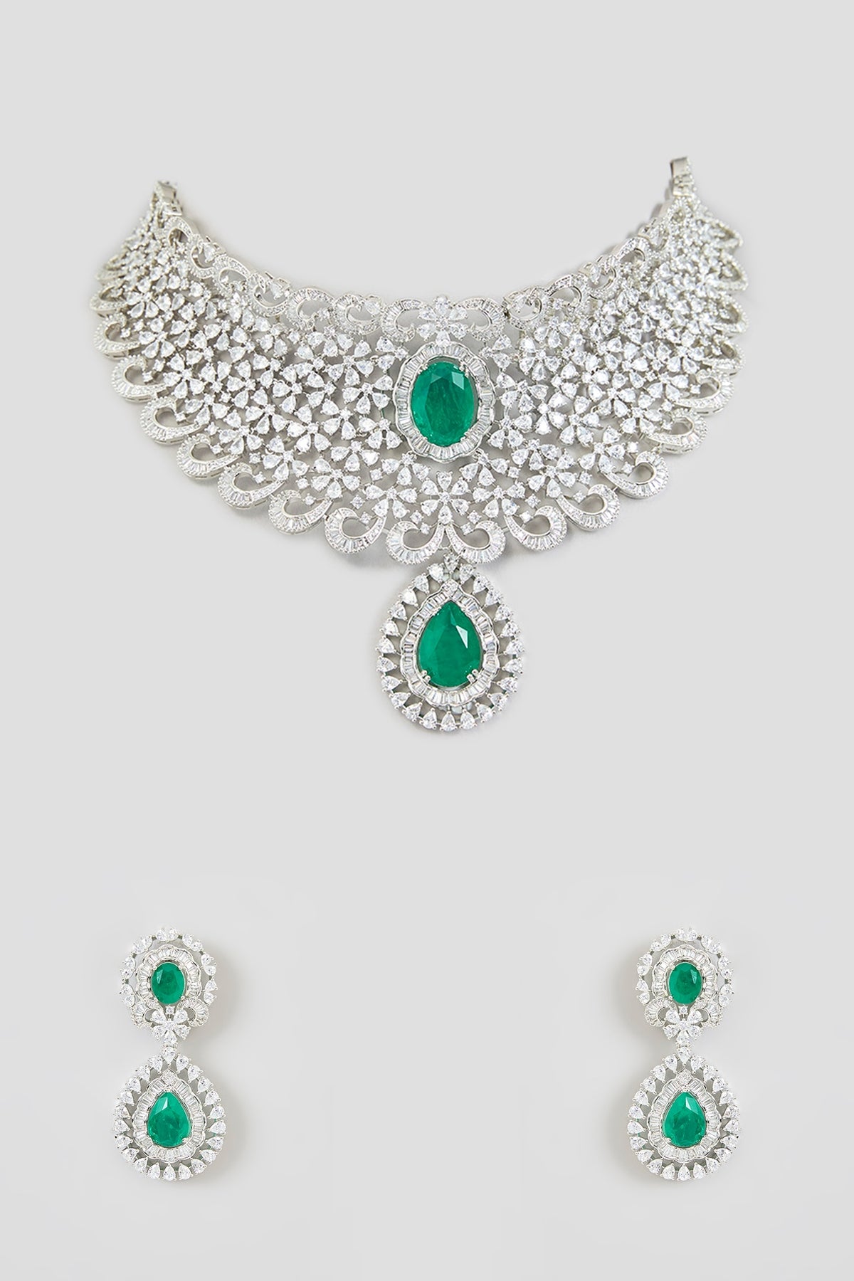 White Finish Zircon & Green Stone Necklace Set
