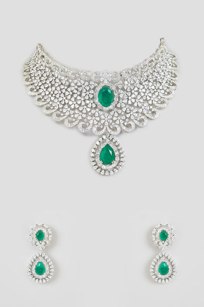 White Finish Zircon & Green Stone Necklace Set