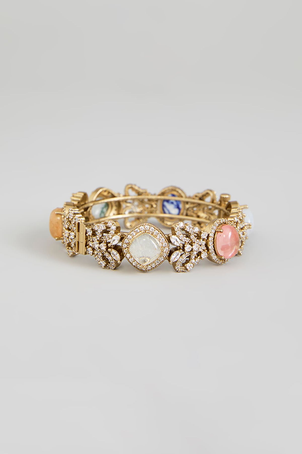 Gold Finish Kundan Polki & Multi-Colored Stone Adjustable Bangle