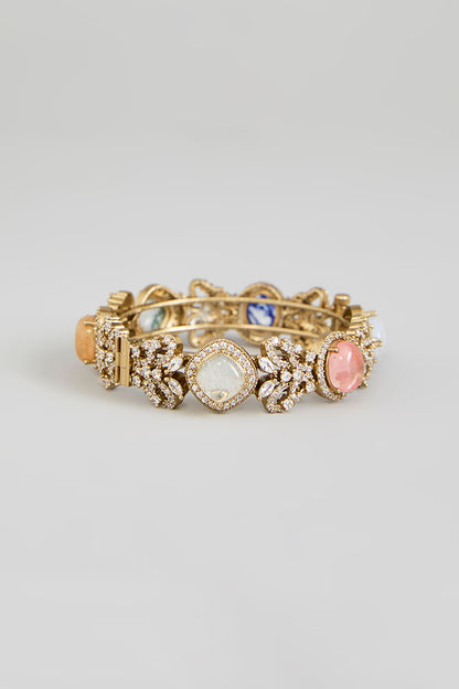 Gold Finish Kundan Polki & Multi-Colored Stone Adjustable Bangle