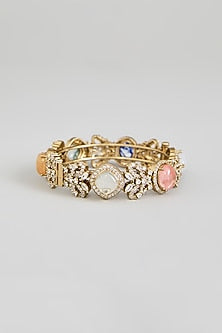 Gold Finish Kundan Polki & Multi-Colored Stone Adjustable Bangle