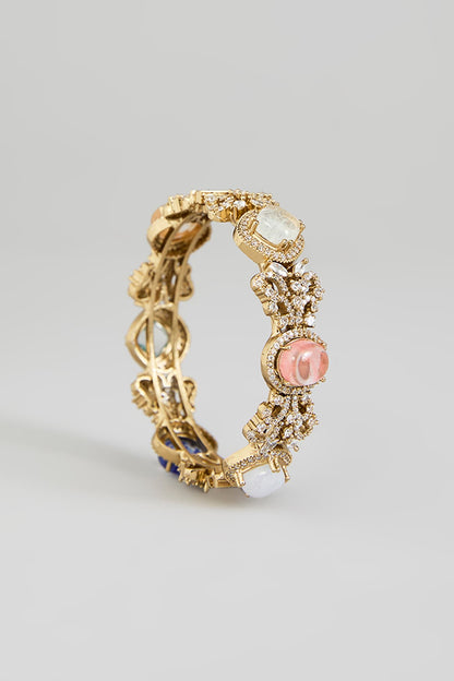 Gold Finish Kundan Polki & Multi-Colored Stone Adjustable Bangle