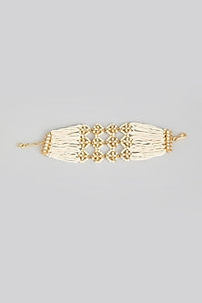 Gold Finish Kundan Polki & Pearl Beaded Adjustable Bangle