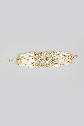 Gold Finish Kundan Polki & Pearl Beaded Adjustable Bangle