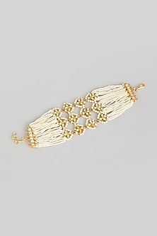 Gold Finish Kundan Polki & Pearl Beaded Adjustable Bangle