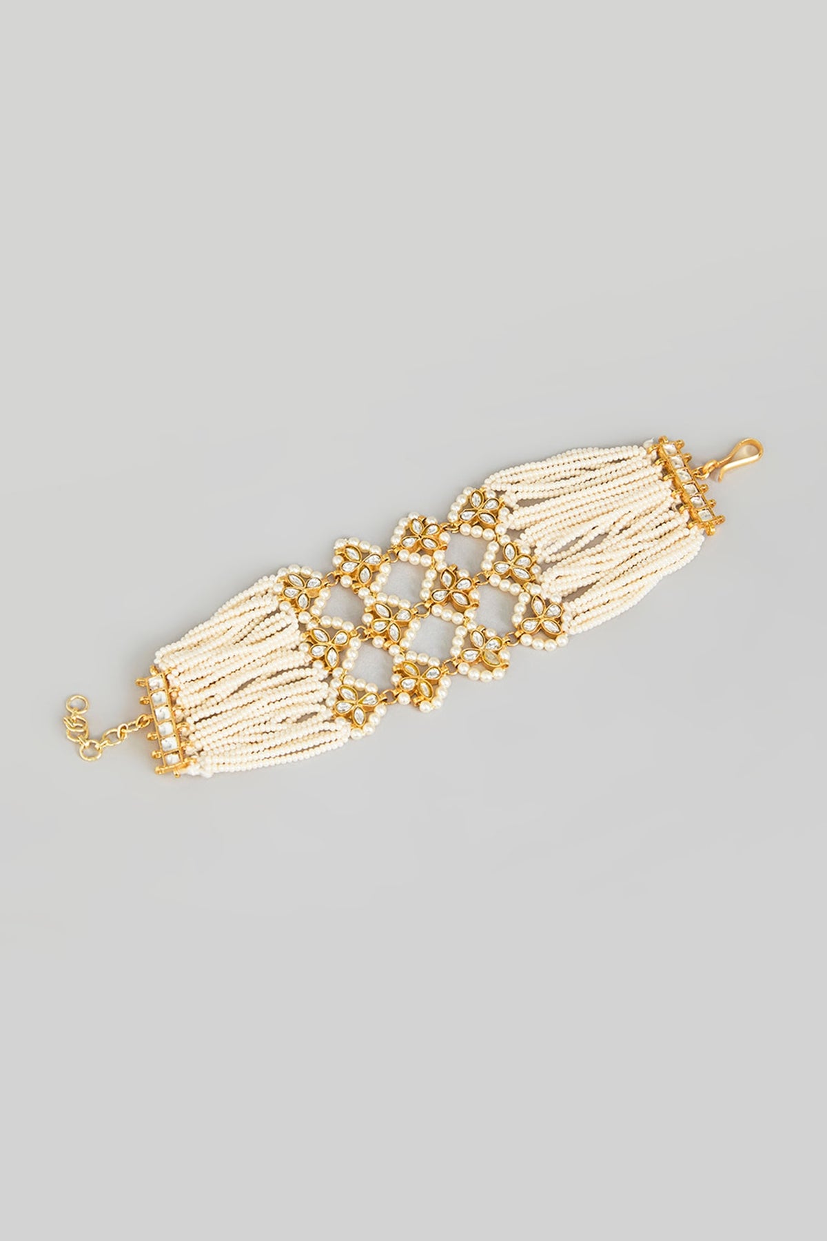 Gold Finish Kundan Polki & Pearl Beaded Adjustable Bangle