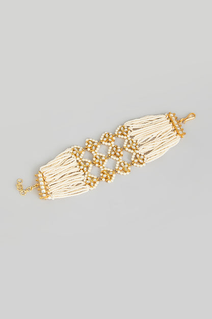 Gold Finish Kundan Polki & Pearl Beaded Adjustable Bangle