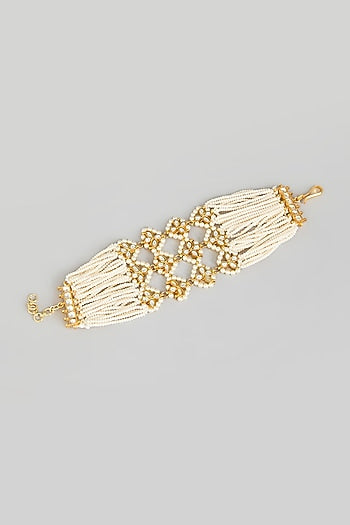 Gold Finish Kundan Polki & Pearl Beaded Adjustable Bangle
