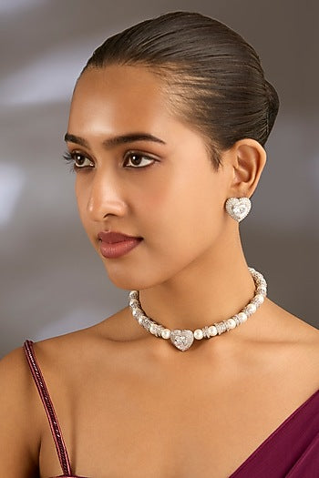 White Finish Zircon & Pearl Choker Necklace Set