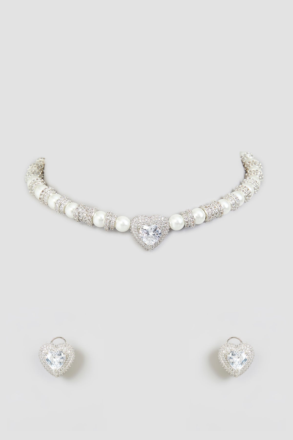 White Finish Zircon & Pearl Choker Necklace Set