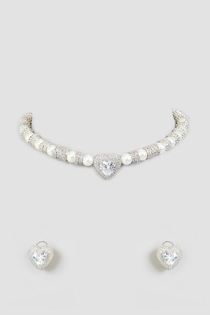 White Finish Zircon & Pearl Choker Necklace Set