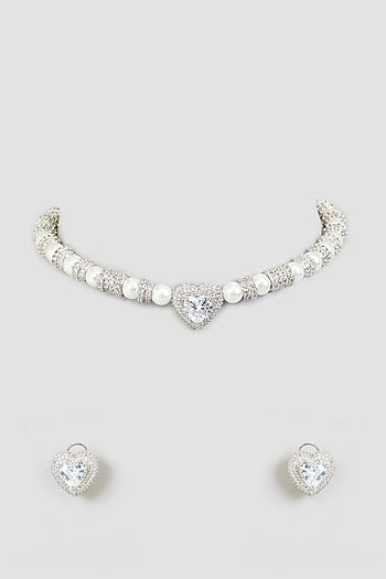 White Finish Zircon & Pearl Choker Necklace Set