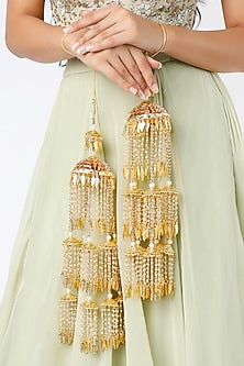 Gold Finish Kaleeras With Pearl Leaf Motifs