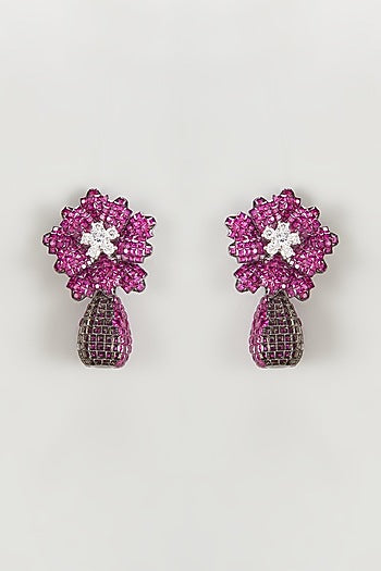 White Finish Zircon & Pink Stone Dangler Earrings