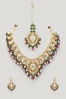 Gold Finish Pink & Green Kundan Polki Long Necklace Set