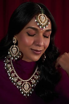 Gold Finish Pink & Green Kundan Polki Long Necklace Set