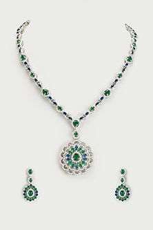 White Finish Zircon & Stone Long Necklace Set
